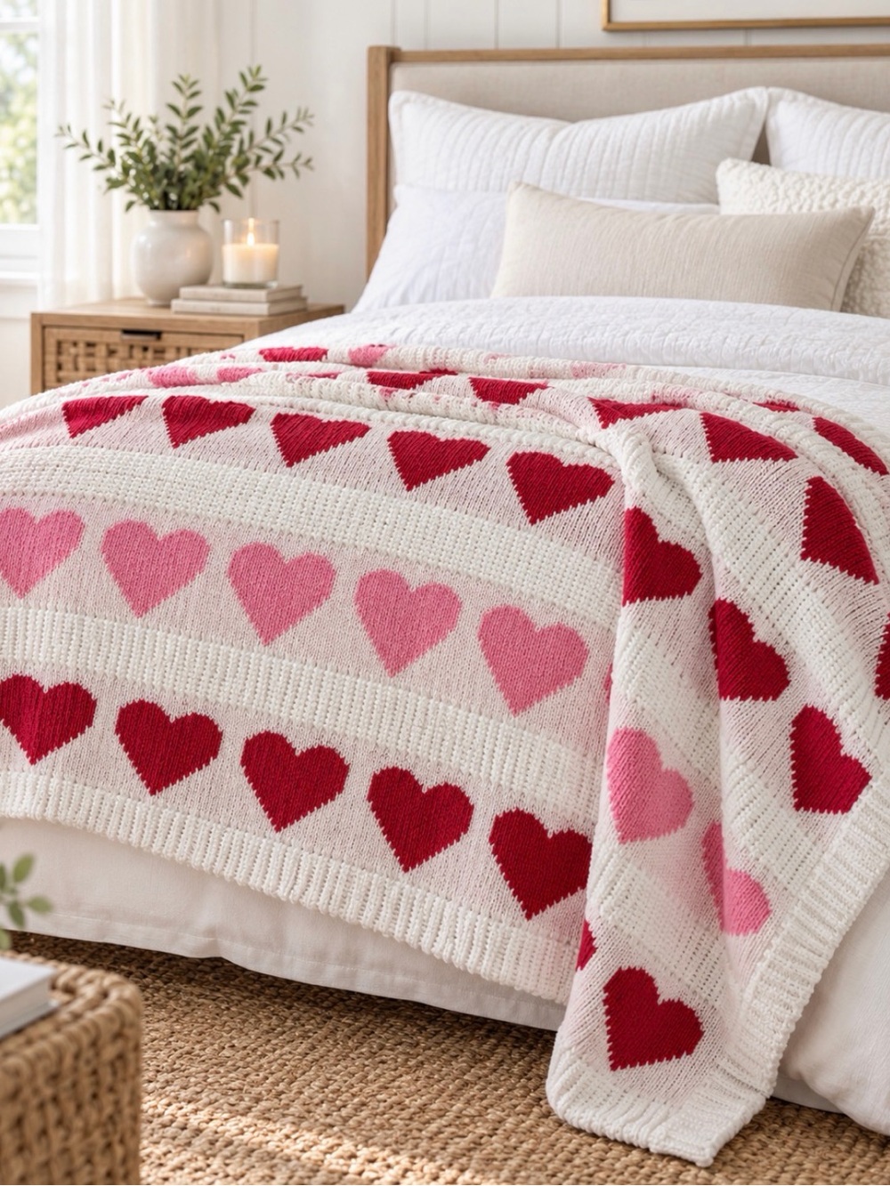 Martha Stewart Knit Heart Print Decorative Blanket Throw 50x70